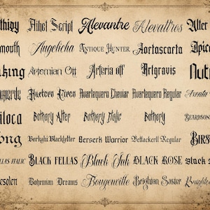 May include: A rectangular parchment-style display featuring a grid of black text samples in various fonts. The list includes names like Agathigy, Alevantre, Alter Bridge, Anemouth, Angelicha, Antique Hunter, Aortascarta, Apicalyps, and many others.