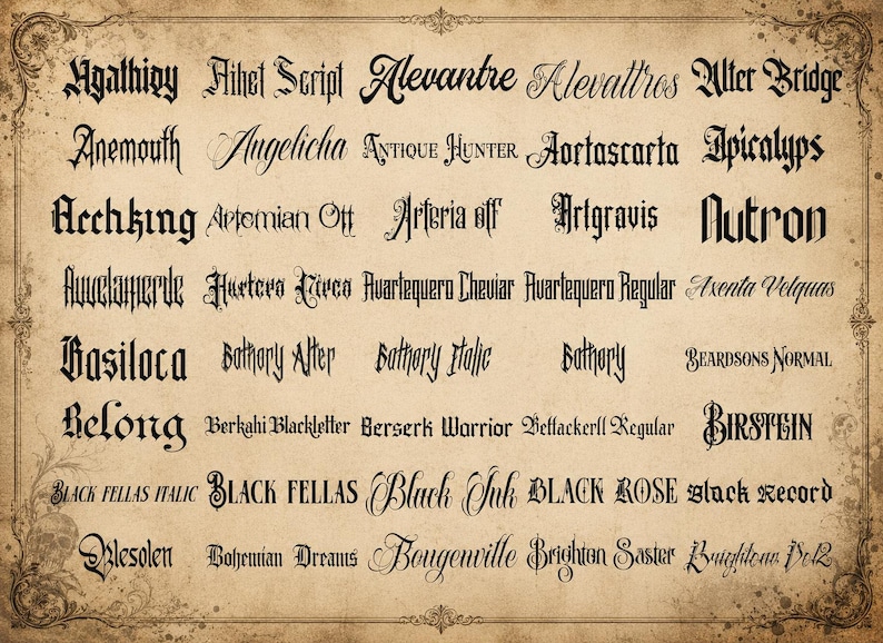 May include: A rectangular parchment-style display featuring a grid of black text samples in various fonts. The list includes names like Agathigy, Alevantre, Alter Bridge, Anemouth, Angelicha, Antique Hunter, Aortascarta, Apicalyps, and many others.