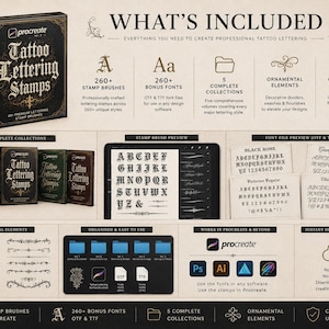 May include: A digital product set titled Tattoo Lettering Stamps for Procreate, featuring 260 plus stamp brushes, 260 plus bonus fonts in OTF and TTF formats, five complete collections, ornamental elements, and a commercial license for professional use.