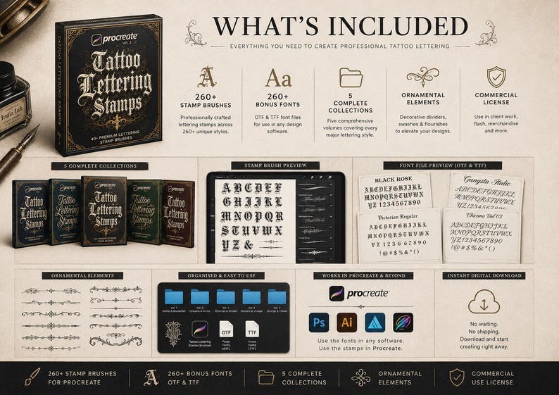 May include: A digital product set titled Tattoo Lettering Stamps for Procreate, featuring 260 plus stamp brushes, 260 plus bonus fonts in OTF and TTF formats, five complete collections, ornamental elements, and a commercial license for professional use.