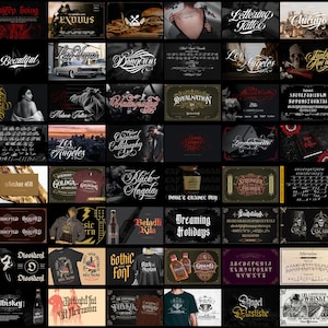 May include: A digital collage featuring a diverse collection of typographic designs, calligraphy styles, and graphic logos. The grid displays various fonts, lettering samples, and branding elements, including text like Los Angeles, Chicago, and Whiskey.