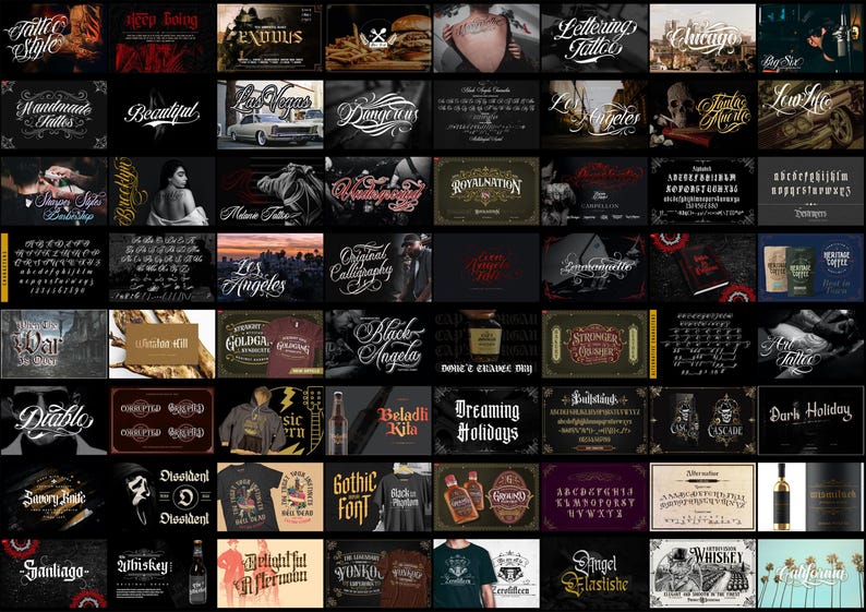 May include: A digital collage featuring a diverse collection of typographic designs, calligraphy styles, and graphic logos. The grid displays various fonts, lettering samples, and branding elements, including text like Los Angeles, Chicago, and Whiskey.