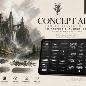 May include: A digital tablet displaying a menu of 125 professional concept art brushes for Procreate and Photoshop, accompanied by a stylus. The screen shows various brush stroke previews, while the background features a fantasy castle landscape.