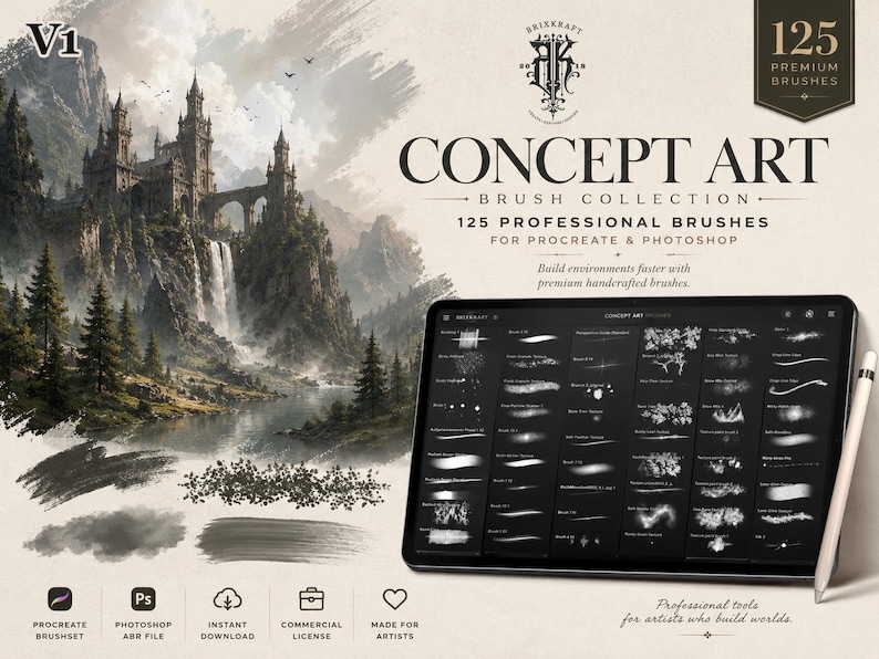 May include: A digital tablet displaying a menu of 125 professional concept art brushes for Procreate and Photoshop, accompanied by a stylus. The screen shows various brush stroke previews, while the background features a fantasy castle landscape.