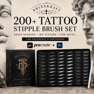 May include: A digital product set titled 200+ Tattoo Stipple Brush Set for Procreate and Photoshop. It includes a black box with gold branding, a tablet displaying brush strokes, a stylus, and a tattoo machine, alongside stipple art examples.