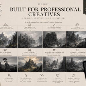 May include: A digital product display featuring 125 premium brushes for professional creatives. The layout includes eight grayscale landscape illustrations, text headers, and icons. A black stylus and a tablet screen showing brush presets are visible.
