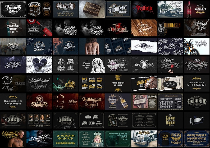 260+ Procreate Tattoo Lettering Stamps, Gothic Blackletter, Chicano Script (Bonus Fonts) image 14