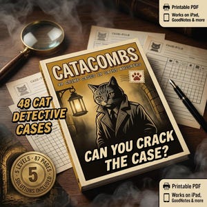 Puede incluir: Un libro titulado Catacombs 48 Crime Cases in Saint Whiskers con un gato en gabardina y una linterna. La portada incluye el texto Can You Crack The Case? y 48 Cat Detective Cases. Una lupa y un bolígrafo están colocados cerca.