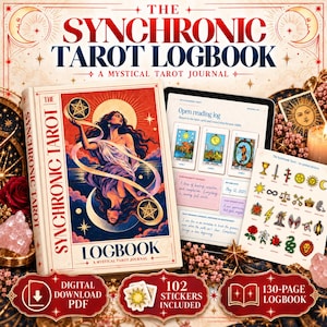 Puede incluir: El Synchronic Tarot Logbook es un diario de 130 páginas con una portada que ilustra una figura sosteniendo pentáculos sobre un fondo celestial. Incluye un PDF digital, 102 pegatinas y una tableta que muestra un registro de lectura de tarot.