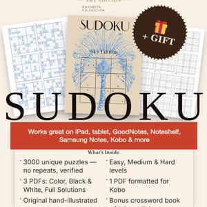 Puede incluir: Una colección digital de Sudoku Sky Edition con 3000 rompecabezas únicos en color y blanco y negro. Incluye un libro de crucigramas adicional, arte de portada ilustrado a mano y compatibilidad con iPad, tablet, GoodNotes y Kobo.