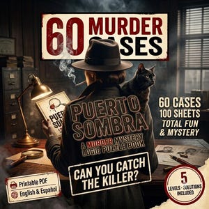 Puede incluir: Un libro de acertijos de lógica de misterio titulado Puerto Sombra con una persona en fedora y un gato negro. El texto dice 60 Murder Cases, 100 Sheets, Total Fun & Mystery y Can You Catch The Killer? Incluye 5 niveles y soluciones.
