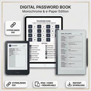 Pode incluir: Um livro de senhas digital para dispositivos iPad, Kobo e Remarkable. A tela mostra um PDF com hiperlinks, índice A-Z, seções de contas e campos de login. O conjunto inclui um tablet, um leitor Kobo e uma caneta stylus.