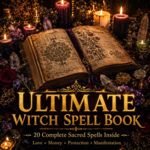 May include: An open antique book with aged pages featuring intricate illustrations of a geometric star and botanical drawings, surrounded by lit candles, crystals, and roses. The text reads: ULTIMATE WITCH SPELL BOOK 20 Complete Sacred Spells Inside Love + Money + Protection + Manifestation.