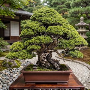 Puede incluir: Un bonsái de follaje verde denso y en capas con un tronco grueso, nudoso y de color marrón oscuro, plantado en una maceta rectangular de cerámica marrón. Una miniatura de pagoda de piedra descansa sobre el musgo en la base del árbol.
