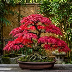Peut inclure: Un bonsaï érable japonais aux feuilles palmées rouge vif et au tronc épais et texturé avec des racines apparentes. L'arbre est planté dans un pot en céramique brun foncé peu profond rempli de mousse verte, avec une canopée dense et étagée.