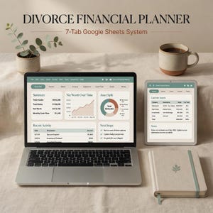 Puede incluir: Un planificador financiero digital para divorcios en una pantalla de portátil y tableta, con un sistema de Google Sheets de 7 pestañas que incluye resúmenes, patrimonio neto y gráficos de actividad. Incluye un cuaderno y una taza.