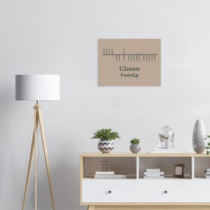 Könnte beinhalten: Ein rechteckiger Wandkunstdruck mit hellbraunem Hintergrund, dunkelgrauen vertikalen Strichmarkierungen im Ogham-Stil im oberen Bereich und dem Text Clann Family in einer dunkelgrauen Serifenschrift unter den Markierungen.