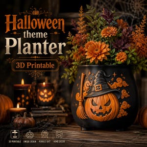 May include: A black 3D printable planter featuring an orange jack-o'-lantern wearing a witch hat and a broomstick design. The text reads Halloween theme Planter 3D Printable. The planter is filled with orange and dark purple autumn flowers.