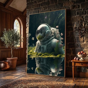 May include: A rectangular wall art print featuring an astronaut in a white suit partially submerged in a mossy, dark green landscape with small white flowers. The astronaut is reflected in the water below, surrounded by soft, glowing light.
