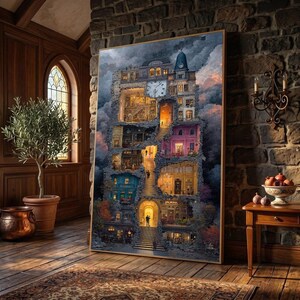 Surreal Clock Tower With Glowing Staircases Canvas Wall Art, Charcoal Grey, Vintage Noir, Large Vertical, Ready To Hang, Living Room Decor