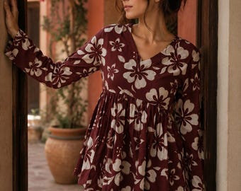 Wine maroon V-neck top, long sleeve floral blouse, flowy tunic