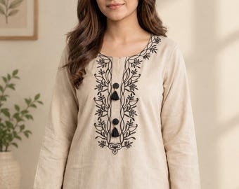 Beige Embroidered Kurta Set for Women