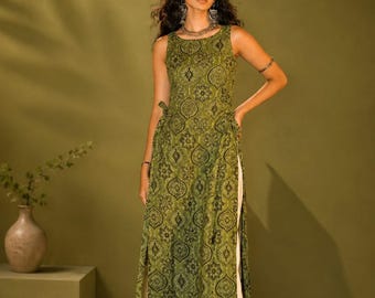 Casual Kurti Women Green Sleeveless | Ethnic Motif Print Rayon A-Line Dress