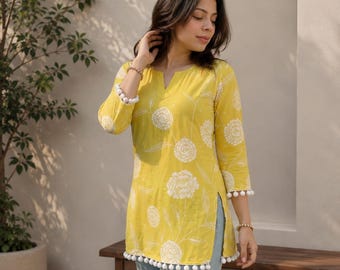 Women Mustard Yellow Floral Printed Tunic Top – Notch Neck Long Sleeve Casual Regular Fit