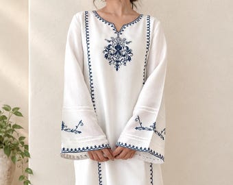 Embroidered Indian White Rayon Kurti for Women