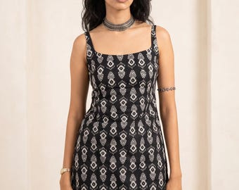 Short Kurti Black Printed Viscose Rayon Tank Top | Sleeveless Square Neck Indian Top