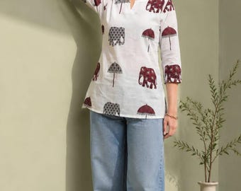 White Cotton Blend Kurti | V-Neck 3/4 Sleeve Ethnic Tunic Top