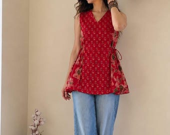 Floral Printed Kurti Red Sleeveless Cotton | V-Neck Casual Ethnic Tunic Top