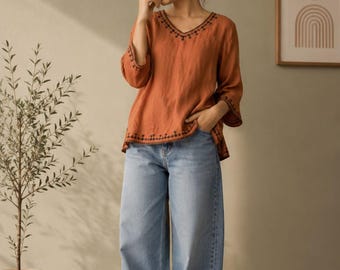 Brunt orange Embroidered Rayon Tunic Top | Round Neck 3/4 Sleeve Casual Fit