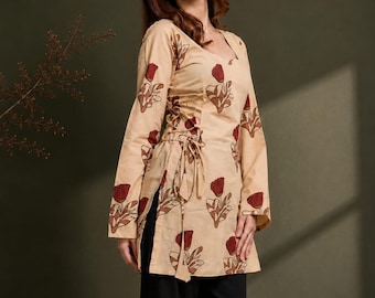 Beige Floral Kurti, Rayon Short Tunic with Sweetheart Neck and Long Sleeves