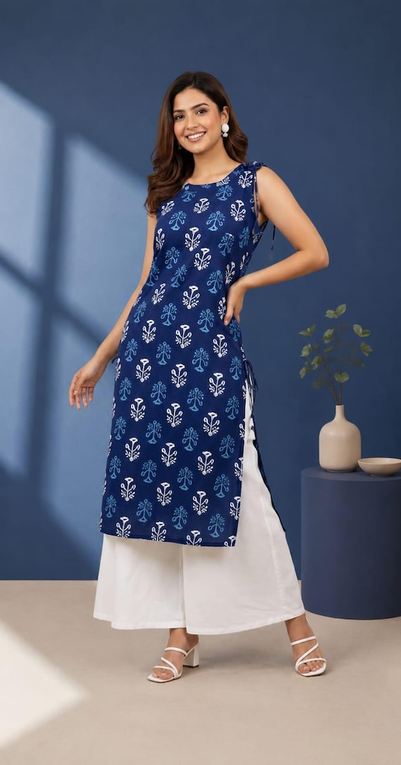 Women Blue Floral Printed Rayon Sleeveless Kurti | Boat Neck Straight Casual Daily Wear Kurta