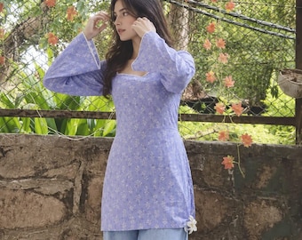 Cotton Kurti Light blue floral blouse, square neck, long bell sleeves