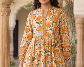 Tunica da donna in rayon con stampa floreale multicolore / Top indiano arancione stampato / Abbigliamento etnico casual boho