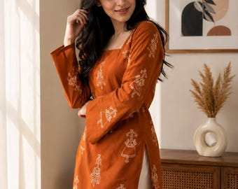 Ethnic Tunic Top Orange Cotton Kurti | Jaipuri Floral Print Square Neck Top