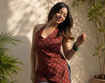 Maroon Floral Cotton Halter Neck Tunic Top | Sleeveless Summer Casual Wear