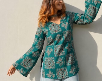 Teal Botanical Print Kurti | Cotton V-Neck Bell Sleeves, Above Knee Length