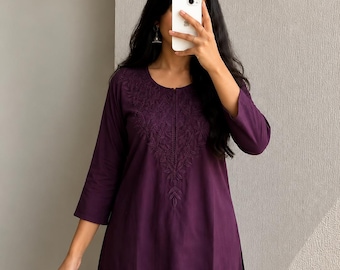 Purple Solid Short Kurti for Women | Rayon Round Neck Kurti Top