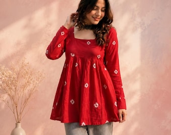 Red  Babydoll Kurti for Women, Square Neck, Long Sleeve, Flared Peplum Top
