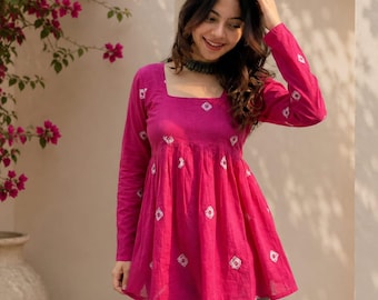 Rayon Short Kurti Top, Block Print Look, Flowy Fit, Square Neck