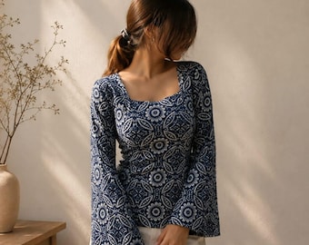 Floral Kurti Blue Cotton | Square Neck Bell Sleeve Ethnic Top