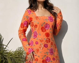 Light Orange Floral Rayon Kurti | Square Neck Full Sleeve Straight Top