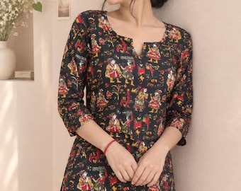 Black Floral Rayon Short Kurti for Women | Printed Indian Tunic Top