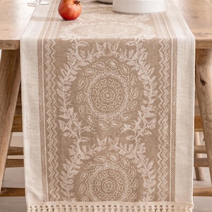 May include: A rectangular table runner featuring a tan and cream woven pattern with intricate circular motifs and leaf-like designs. The runner is bordered by a zigzag pattern and finished with a fringe along the bottom edge of the fabric.