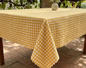 Yellow Gingham Tablecloth, Scalloped Edge Checkered Table Cover, Cottagecore Picnic Tablecloth, Woven Farmhouse Table Linen