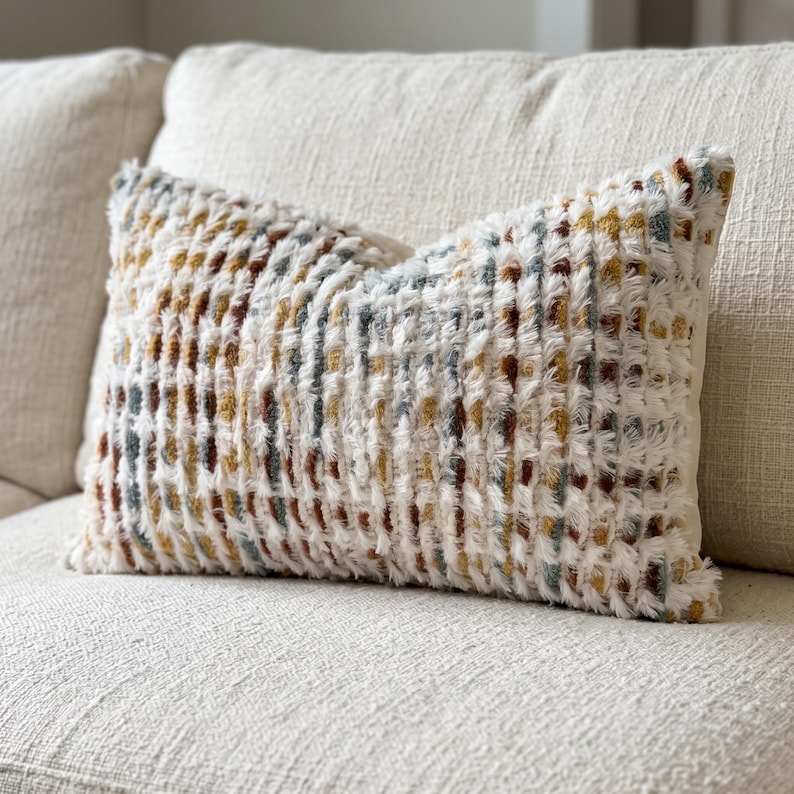 Puede incluir: Un coj&iacute;n rectangular con una superficie texturizada y peluda con un patr&oacute;n de cuadr&iacute;cula. El dise&ntilde;o consiste en fibras de color crema intercaladas con rayas verticales y horizontales en tonos amarillo mostaza, marr&oacute;n &oacute;xido y azul apagado.