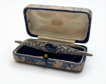 Edwardian Early Art Deco Sapphire Blue and Diamond Paste Silver Brooch, 1910s Pin Stamped Sterling